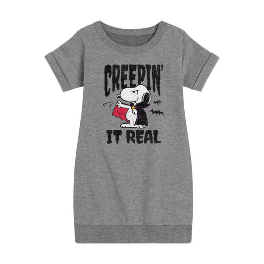 Girls' - Peanuts - Creepin It Real Graphic Short Sleeve Fleece Dress