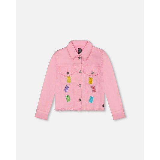Deux par Deux Girl Jean Jacket with Embroidery Pink and Multicolored Gummies