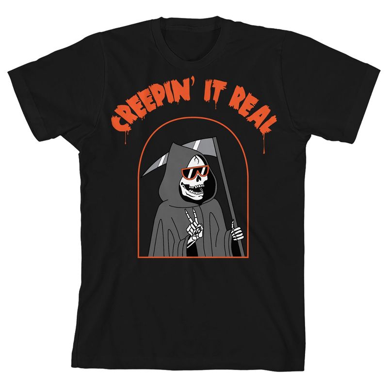 Kids Halloween Peace Sign Grim Reaper Creepin' It Real Unisex Youth Black Short Sleeve Crew Neck Tee