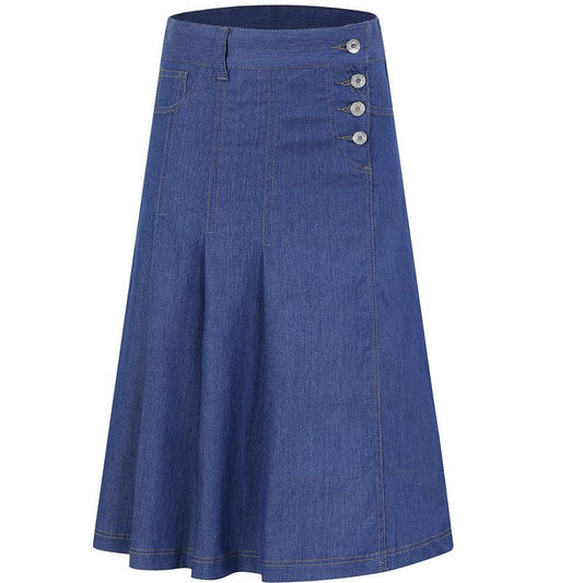 Girls A-Line Denim Midi Skirt Casual Pleated Buttons Over-Knee Skirts with Pocket 3-12Y