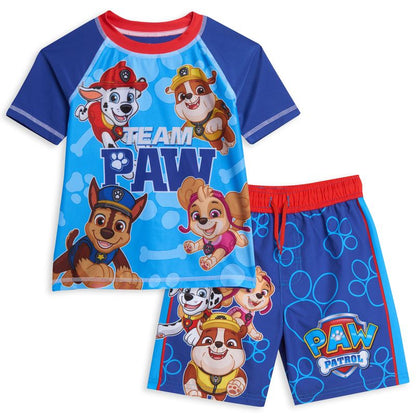 طقم ملابس للأطفال الصغار من Paw Patrol Rubble Marshall Chase، سترة واقية من الطفح الجلدي وسروال سباحة