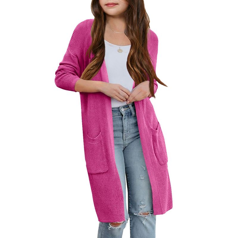 Girl's Open Front Cardigan Long Sleeve Knit Sweaters Kids Lightweight Cute Casual Loose Outerwear Coats with Pockets
