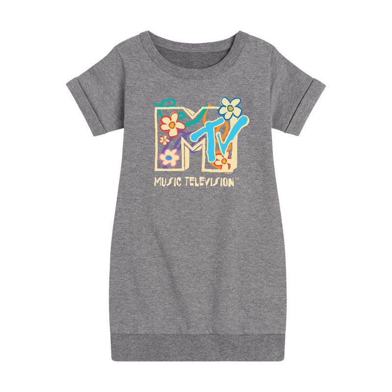 فستان من الصوف بأكمام قصيرة ورسومات زهور وشعار جرافيكي للبنات - MTV