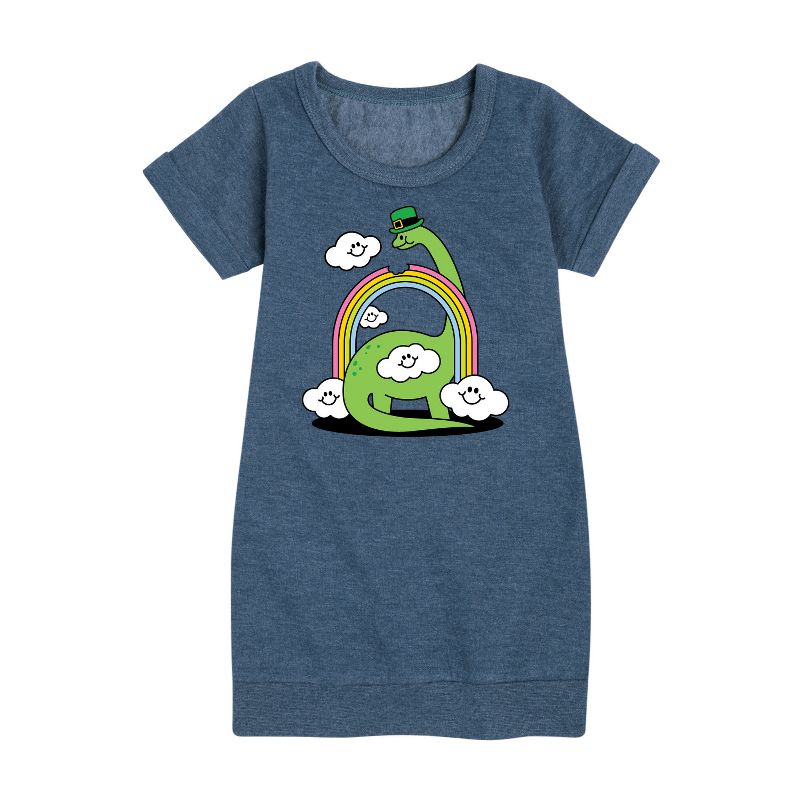 Girls' - Instant Message - St. Patrick's Day Dinosaur Eatting Rainbow Graphic Short Sleeve Fleece Dress