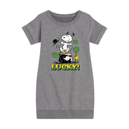 Girls' - Peanuts - Lucky Snoopy Graphic Short Sleeve Fleece Dress