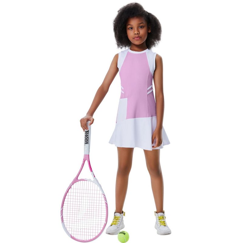 Girls Round Neck Tennis Golf Sport Dress Sleeveless Athletic Pleated Skirt Sets with Built-in Shorts Pockets Purple 3-12Y