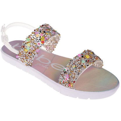 bebe Girl's Flat Sandals with Rhinestone Bow Detail and Fruit Glitter Detail - Sandals for Little Kid/Big Kid