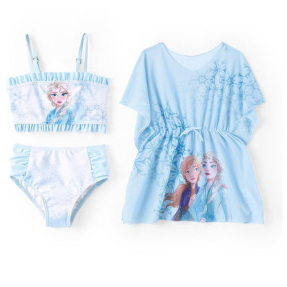 Disney Frozen Kids Toddler Girl 3pcs Elsa And Anna Sunproof Ruffles Bikini Swimsuit with Cover-up Set Swimwear Sets