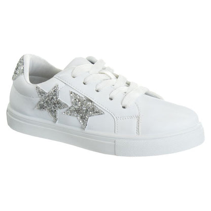 Kensie Girls White Casual Sneakers with Lace Up Closure and Glittery Accents