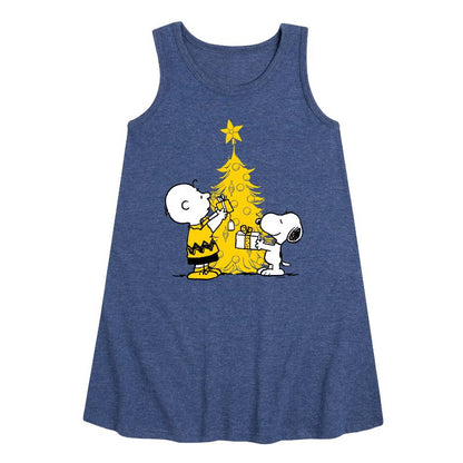 Girls' - Peanuts - Xmas Charlie And Snoopy Graphic Sleeveless Aline Dress