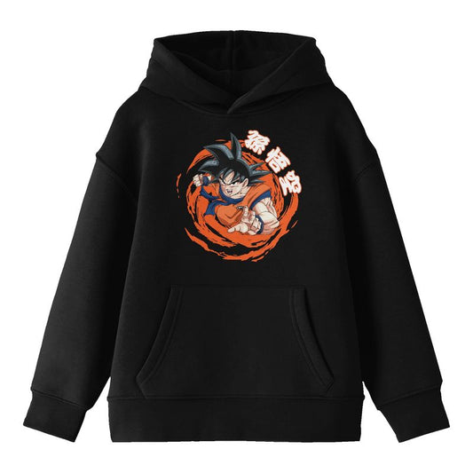 Dragon Ball Z Goku Orange Swirl Background Long Sleeve Youth Black Hooded Sweatshirt
