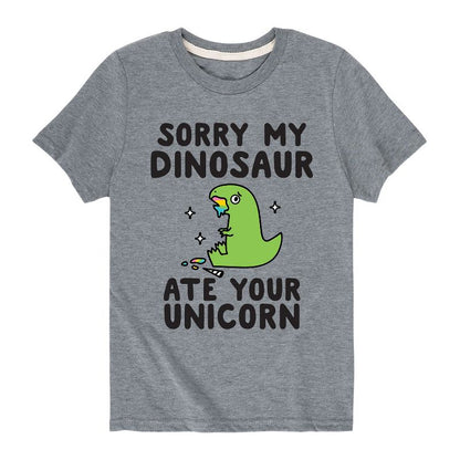 تي شيرت جرافيكي بأكمام قصيرة للأولاد - رسالة فورية - آسف، أكل ديناصوري وحيد القرن الخاص بك