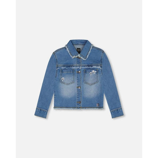 Deux par Deux Girl Frayed Denim Jacket with Embroidery Jeans