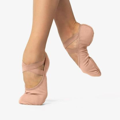 Girl's Nude Ballet Shoes SoDanca Stretch Canvas Pull On Cross Straps Split Sole