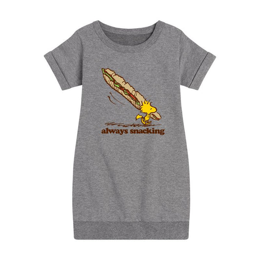 Girls' - Peanuts - Always Snacking Graphic Short Sleeve Fleece Dress