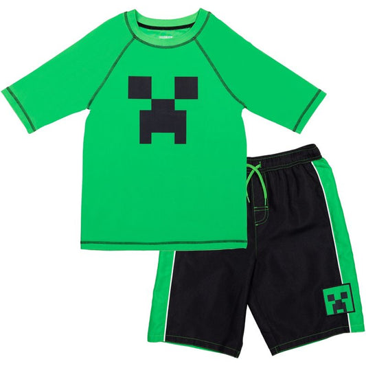 Minecraft Zombie Creeper Alex Steve Rash Guard and Swim Trunks Outfit Set Little Kid to Big Kid