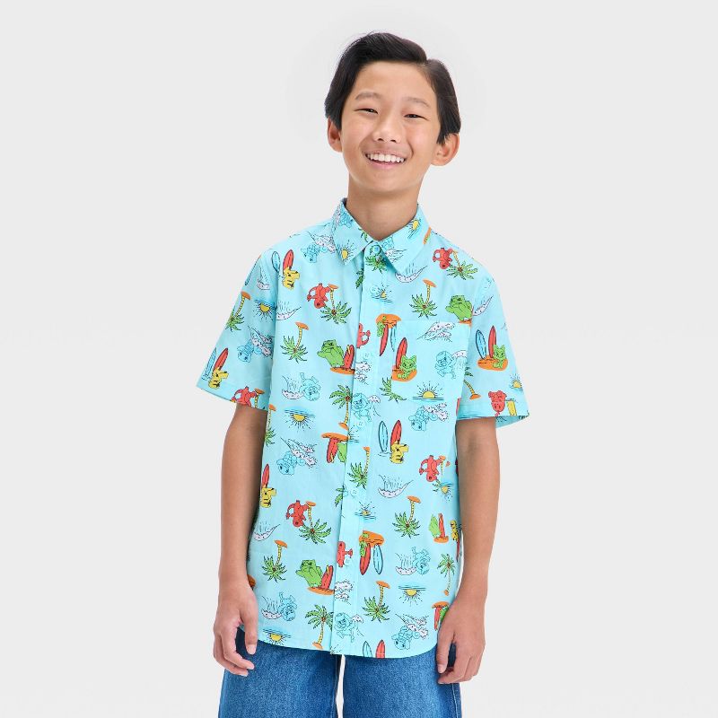 Boys' Pokemon Woven Button-Up Shirt - Aqua Blue