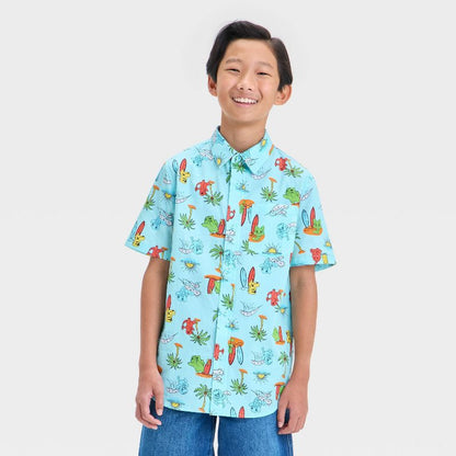 Boys' Pokemon Woven Button-Up Shirt - Aqua Blue