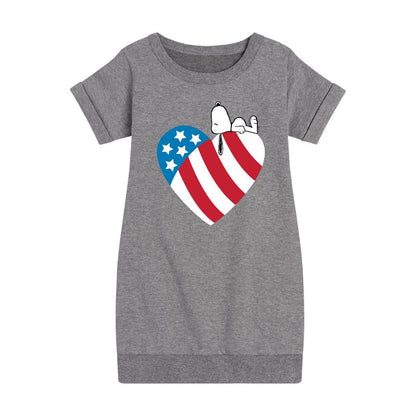 Girls' - Peanuts - Snoopy On Flag Heart Graphic Short Sleeve Fleece Dress