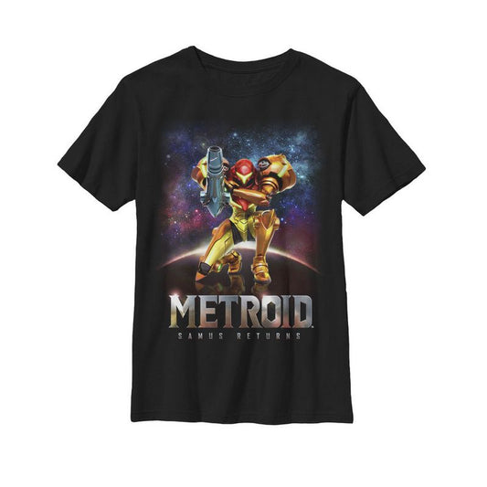 تي شيرت مطبوع عليه صورة غلاف لعبة Metroid Samus Returns للأولاد من Nintendo