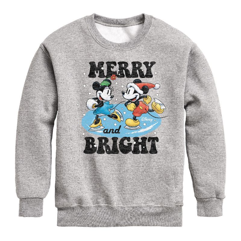 Boys' - Disney - Mickey and Minnie Merry And Bright Christmas Graphic Long Sleeve Fleece Sweatshirt