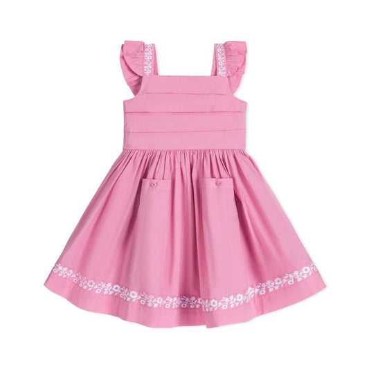 Hope & Henry Girls'  Pleated Flutter Sleeve Apron Dress with Embroidery, Kids