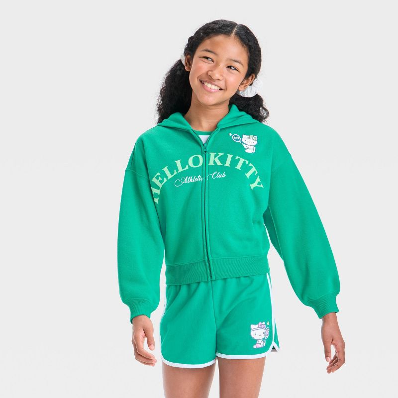سويت شيرت بغطاء رأس وسحاب للبنات بطبعة هالو كيتي - أخضر