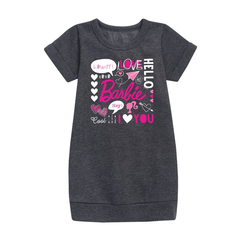 فستان باربي - عيد الحب - من الصوف بأكمام قصيرة ورسومات مجمعة - للبنات