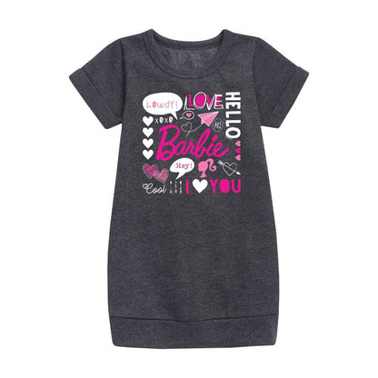 فستان باربي - عيد الحب - من الصوف بأكمام قصيرة ورسومات مجمعة - للبنات