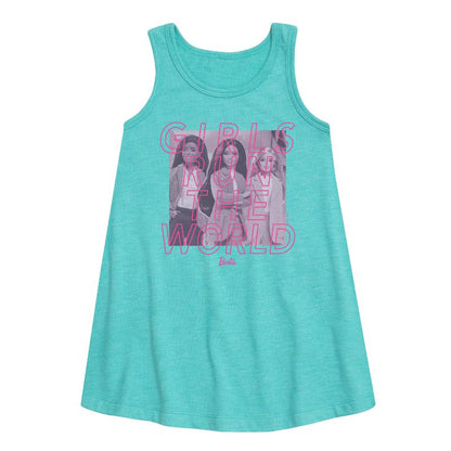 فستان بناتي من باربي - فستان مطبوع عليه رسومات "الفتيات يديرن العالم" بدون أكمام