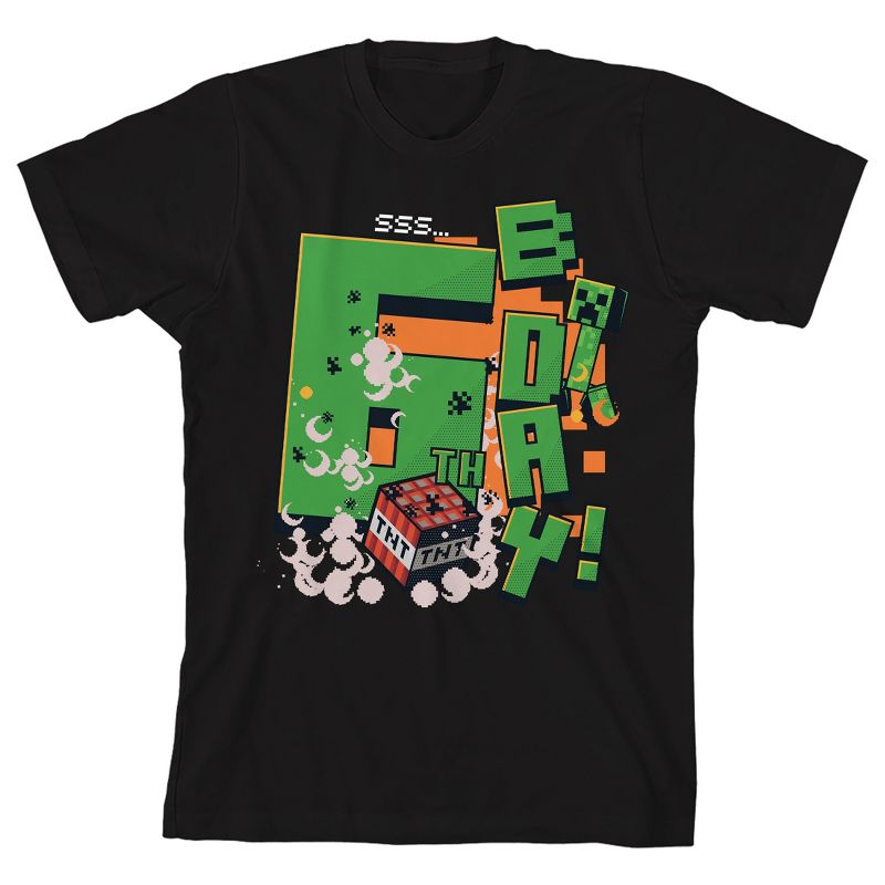 تي شيرت Minecraft 6th B Day للأولاد باللون الأسود برقبة دائرية وأكمام قصيرة