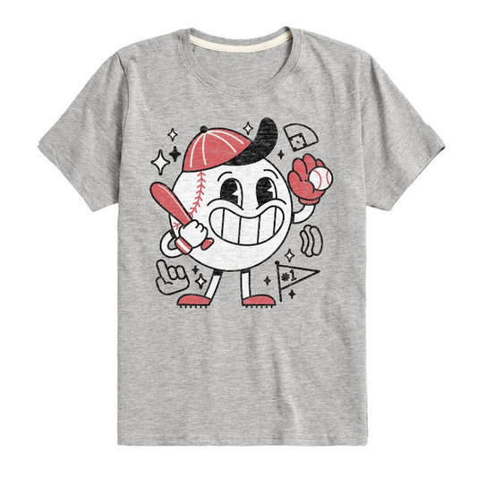 تي شيرت جرافيكي بأكمام قصيرة بتصميم تميمة بيسبول مبتسمة بتصميم كلاسيكي للأولاد - رسالة فورية