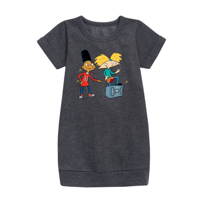 فستان صوف بأكمام قصيرة مطبوع عليه رسمة جيتار "ها إير" للبنات - "هي أرنولد!"