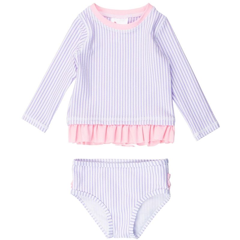 RuffleButts Girls UPF50+ Seersucker Long Sleeve Rash Guard Bikini