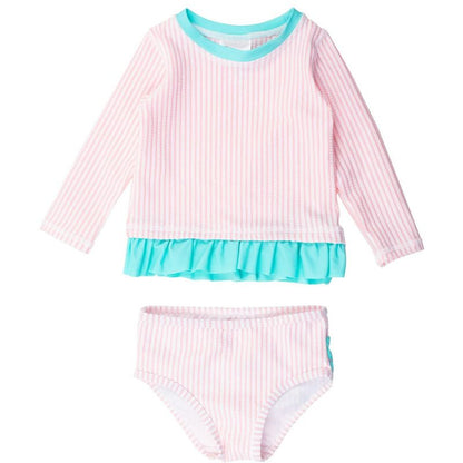 RuffleButts Girls UPF50+ Seersucker Long Sleeve Rash Guard Bikini