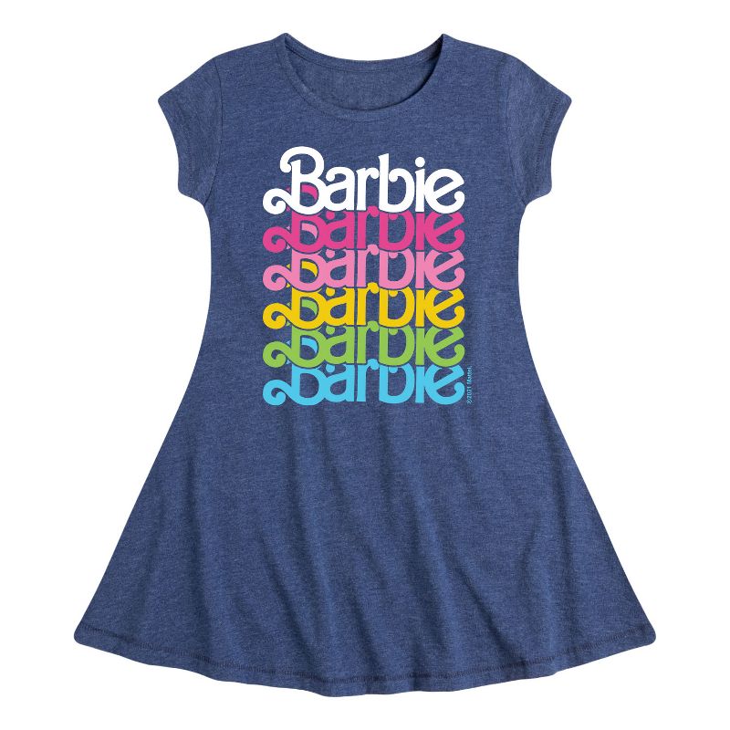 Girls' - Barbie - Stacked Rainbow Logo Fit & Flair Cap Sleeve Dress