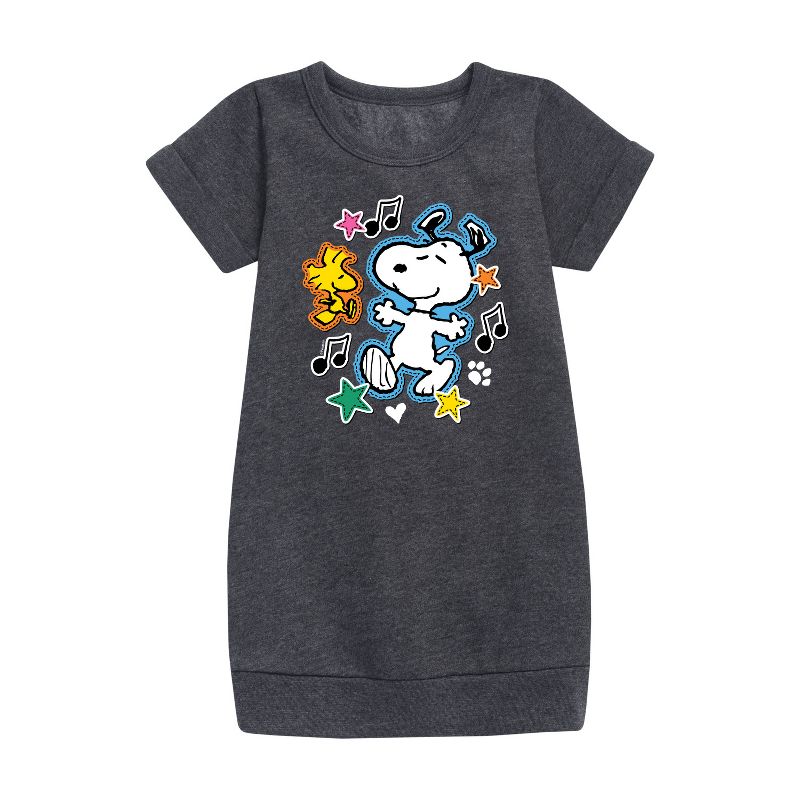 Girls' - Peanuts - Snoopy Woodstock Patches Graphic Short Sleeve Fleece Dress