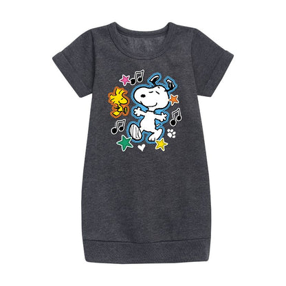 Girls' - Peanuts - Snoopy Woodstock Patches Graphic Short Sleeve Fleece Dress