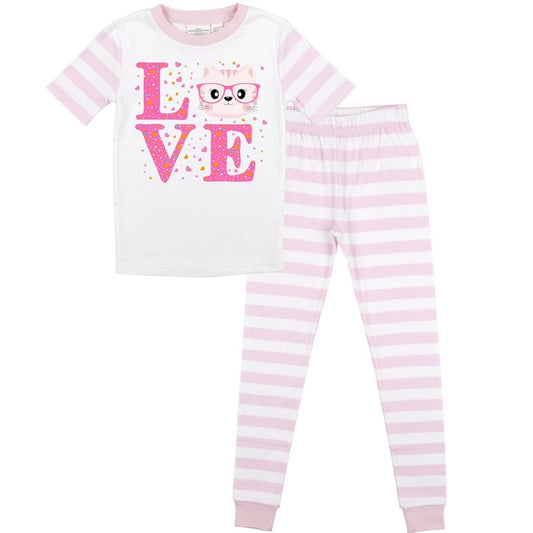 Love Cat Sparkles Youth Short Sleeve Shirt & Pink Striped Sleep Pajama Pants Set