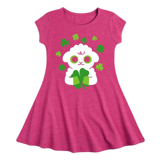 Girls' - Instant Message - St. Patrick's Day Sheep Holding a Shamrock Fit & Flair Cap Sleeve Dress