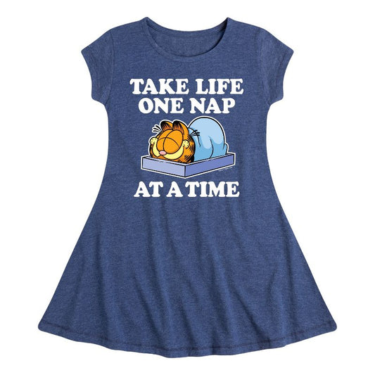 Girls' - Garfield - Take Life One Nap Fit & Flair Cap Sleeve Dress