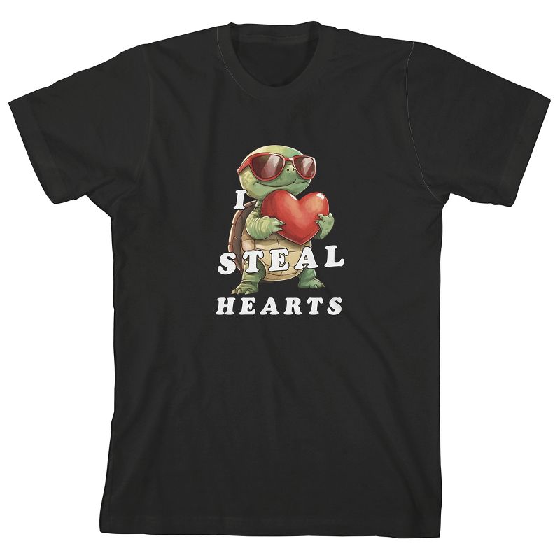 تي شيرت Turtle I Steal Hearts للشباب باللون الأسود برقبة دائرية وأكمام قصيرة