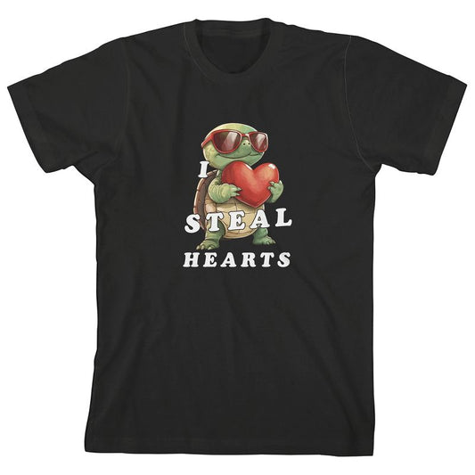 تي شيرت Turtle I Steal Hearts للشباب باللون الأسود برقبة دائرية وأكمام قصيرة