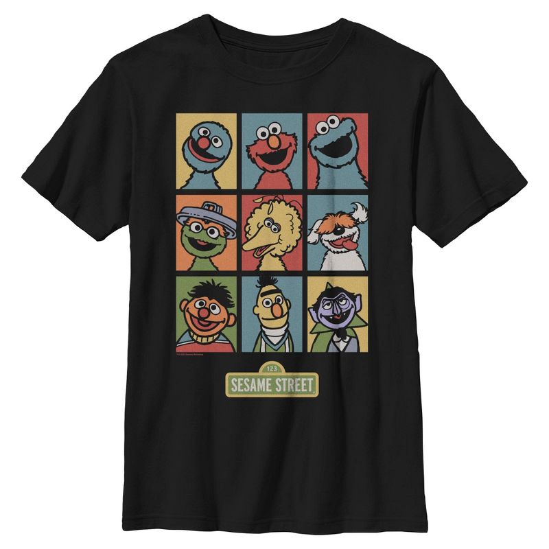 Boys Sesame Street 9 Panel Puppet Grid T Shirt