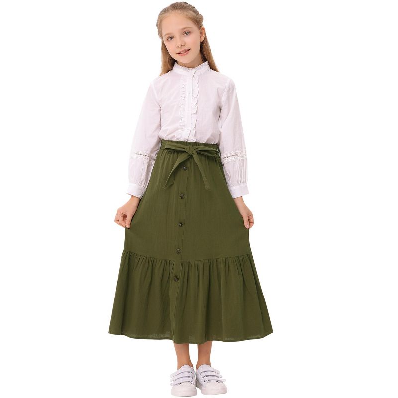Girl's Button Midi Skirts Casual High Elastic Waist A Line Pleated Midi Chiffon Pink Skirts with Pockets