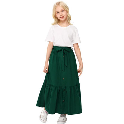 Girl's Button Midi Skirts Casual High Elastic Waist A Line Pleated Midi Chiffon Pink Skirts with Pockets
