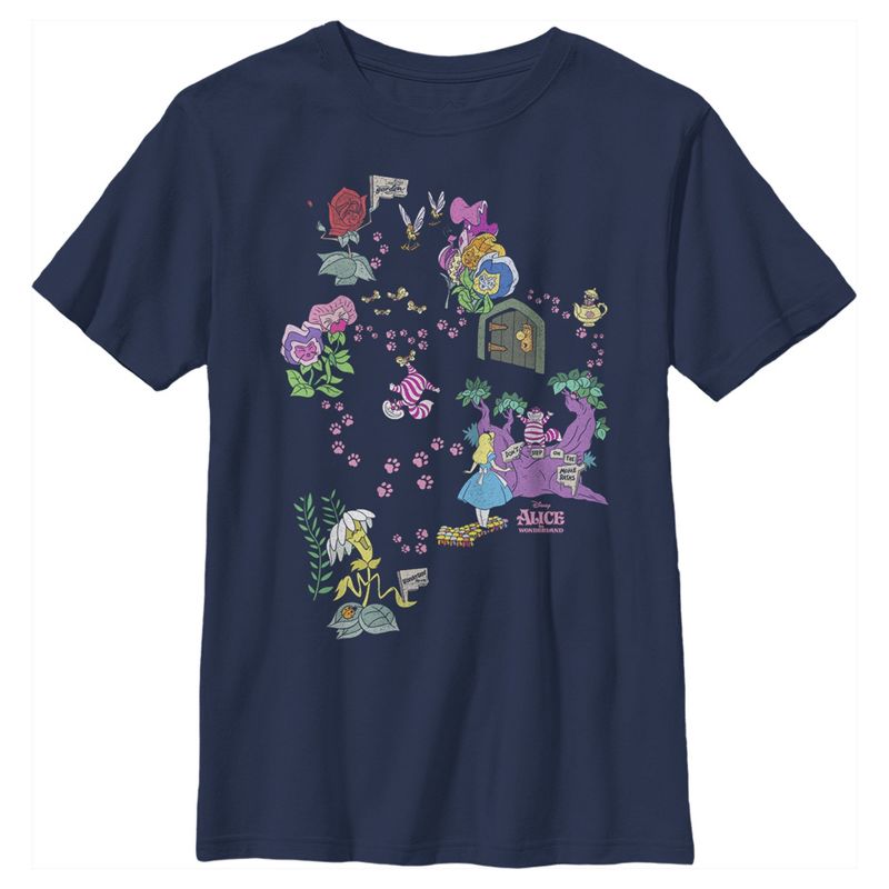 Boy's Alice in Wonderland Map Of Cheshire Cat Paw Prints T-Shirt