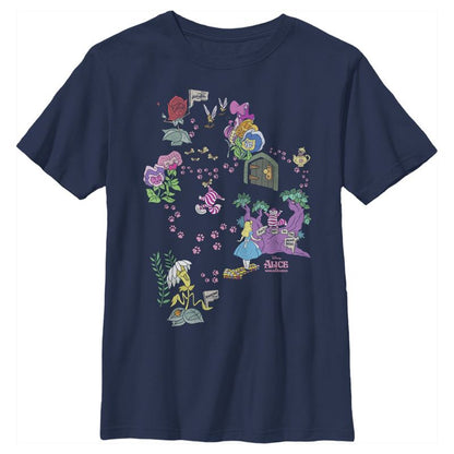 Boy's Alice in Wonderland Map Of Cheshire Cat Paw Prints T-Shirt