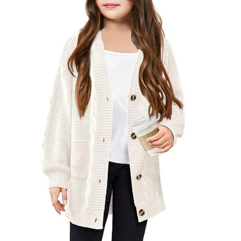 Girls Cable Knit Sweater Cardigan Front Button Cardigan with Side Pockets Above Knee Cardigan for Girls Winter Knitwear