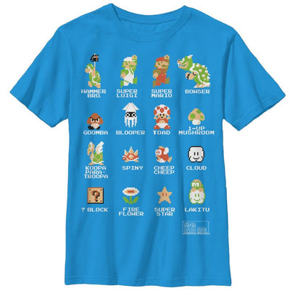 تي شيرت للأولاد من نينتندو سوبر ماريو بروس بيكسل كاست مع الأسماء